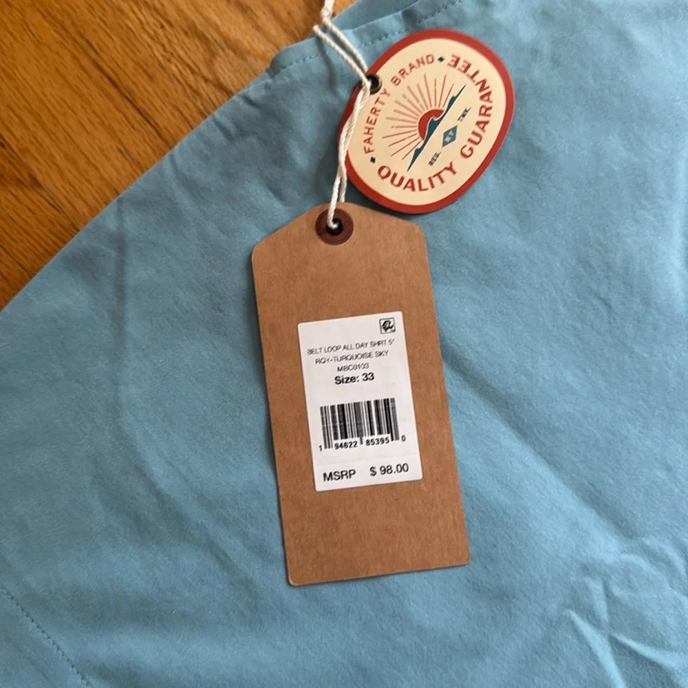 Faherty All Day Shorts NWT. 33” waist 5” inseam Belt loops. Turquoise Sky